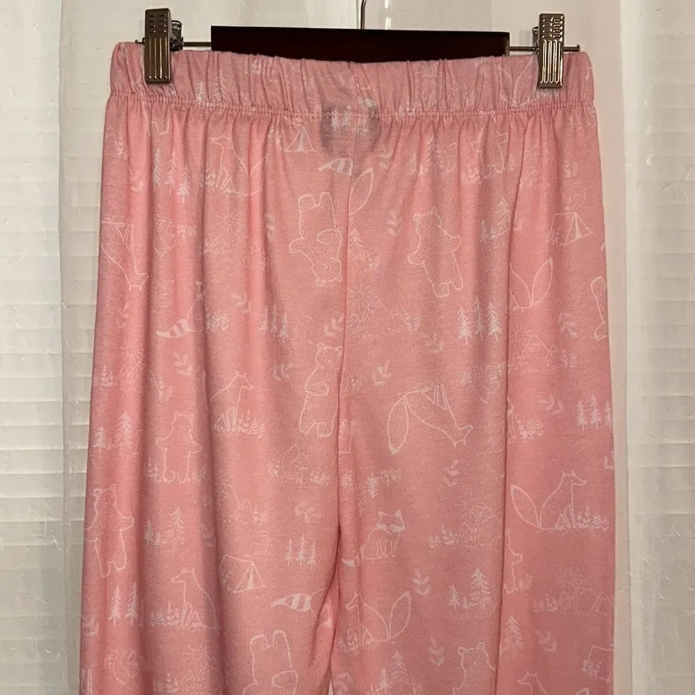 Eddie Bauer 14/16 L Kids Forest Animals Pink White Pajama Jogger Pants Bottom
